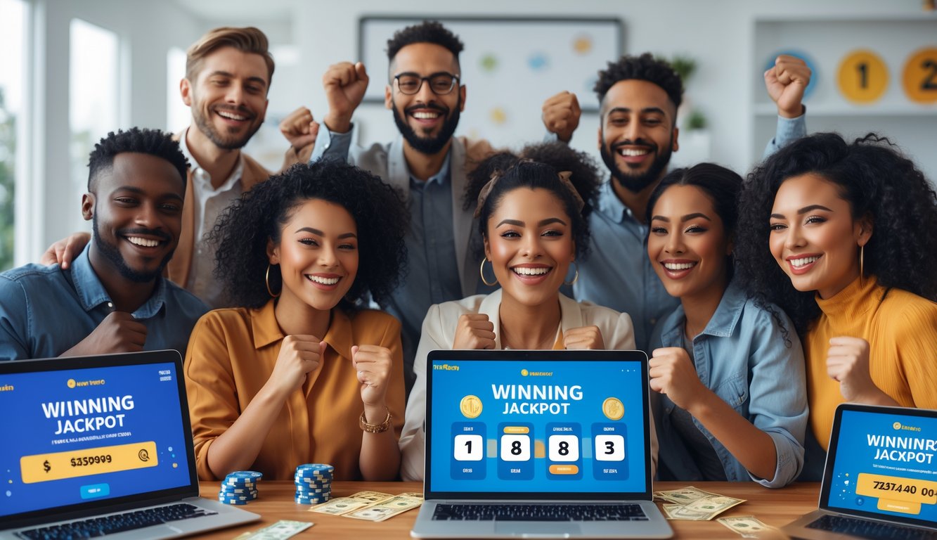 Sekelompok orang sedang merayakan kemenangan jackpot togel online di ruang kerja modern dengan perangkat digital.