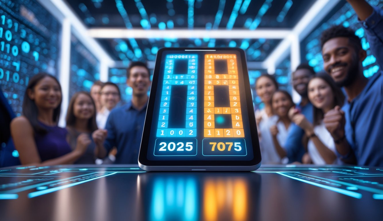 Orang-orang merayakan di depan layar perangkat digital yang menampilkan angka dan simbol jackpot lotere online.