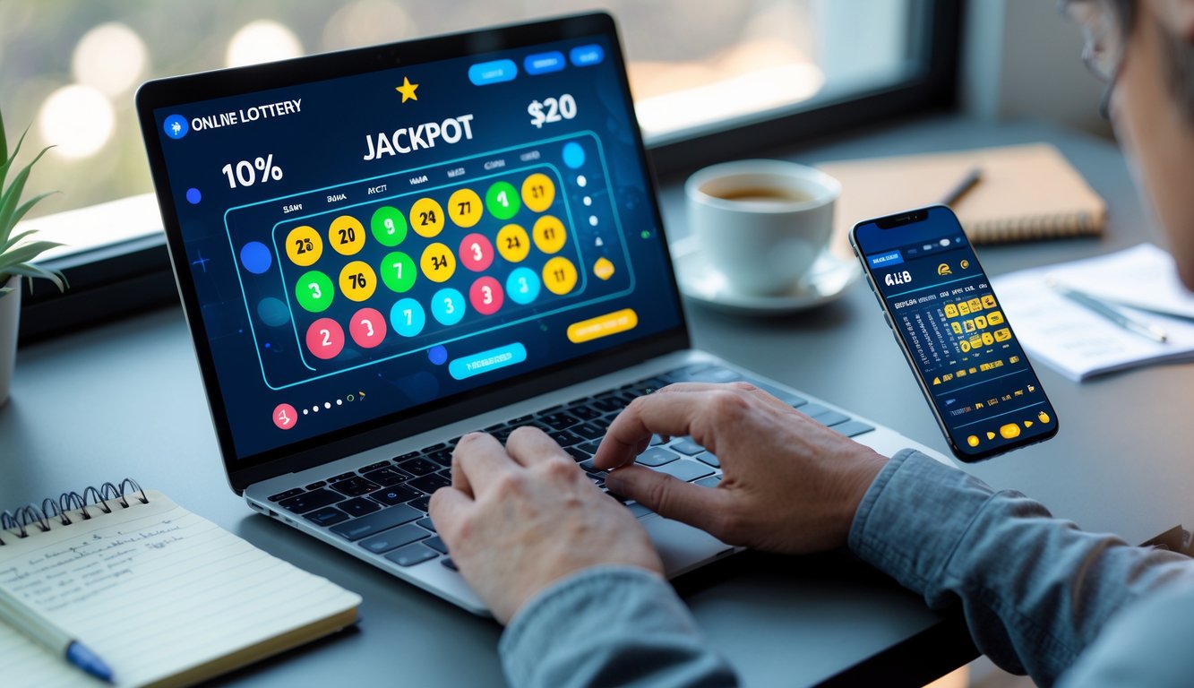 Seseorang sedang menggunakan laptop dan ponsel di meja kerja dengan tampilan angka dan grafik terkait prediksi togel online jackpot.