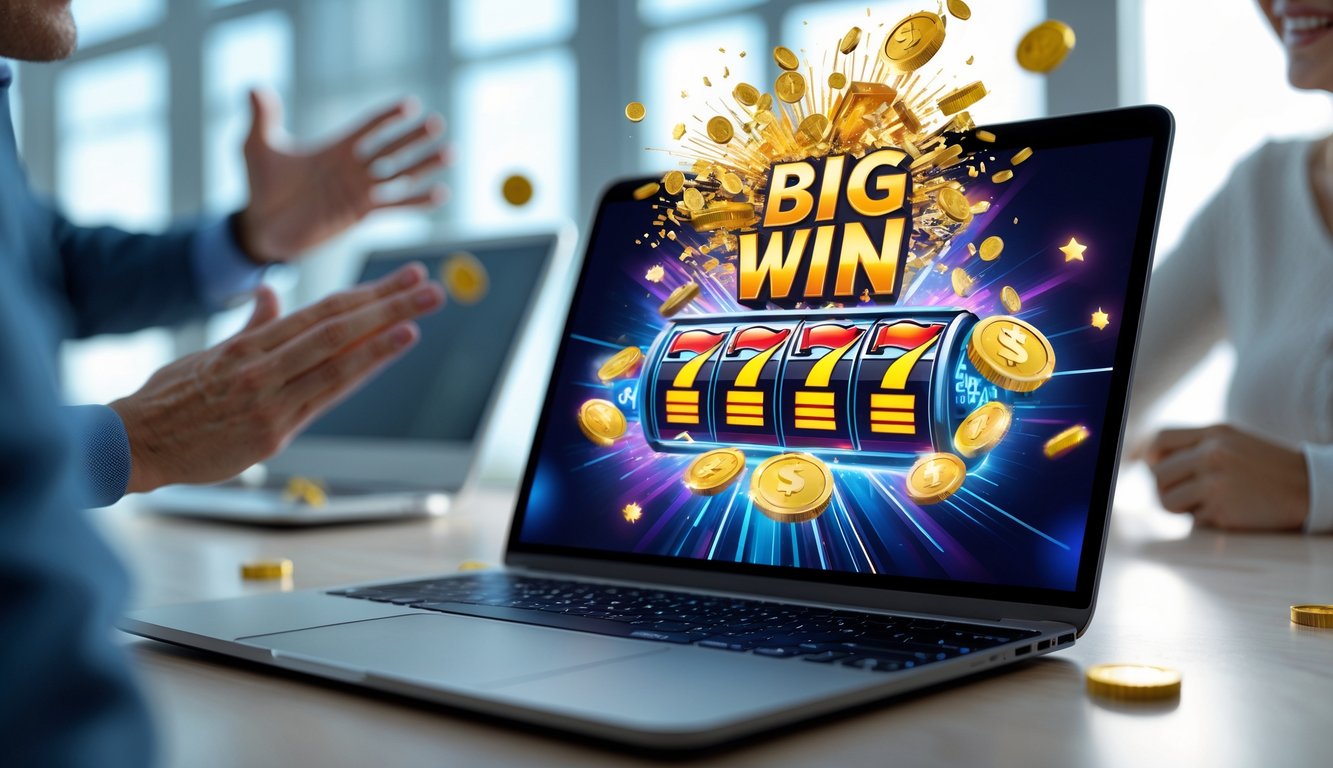 Seseorang sedang merayakan kemenangan jackpot togel online di depan layar perangkat digital dengan koin dan simbol kemenangan yang muncul.
