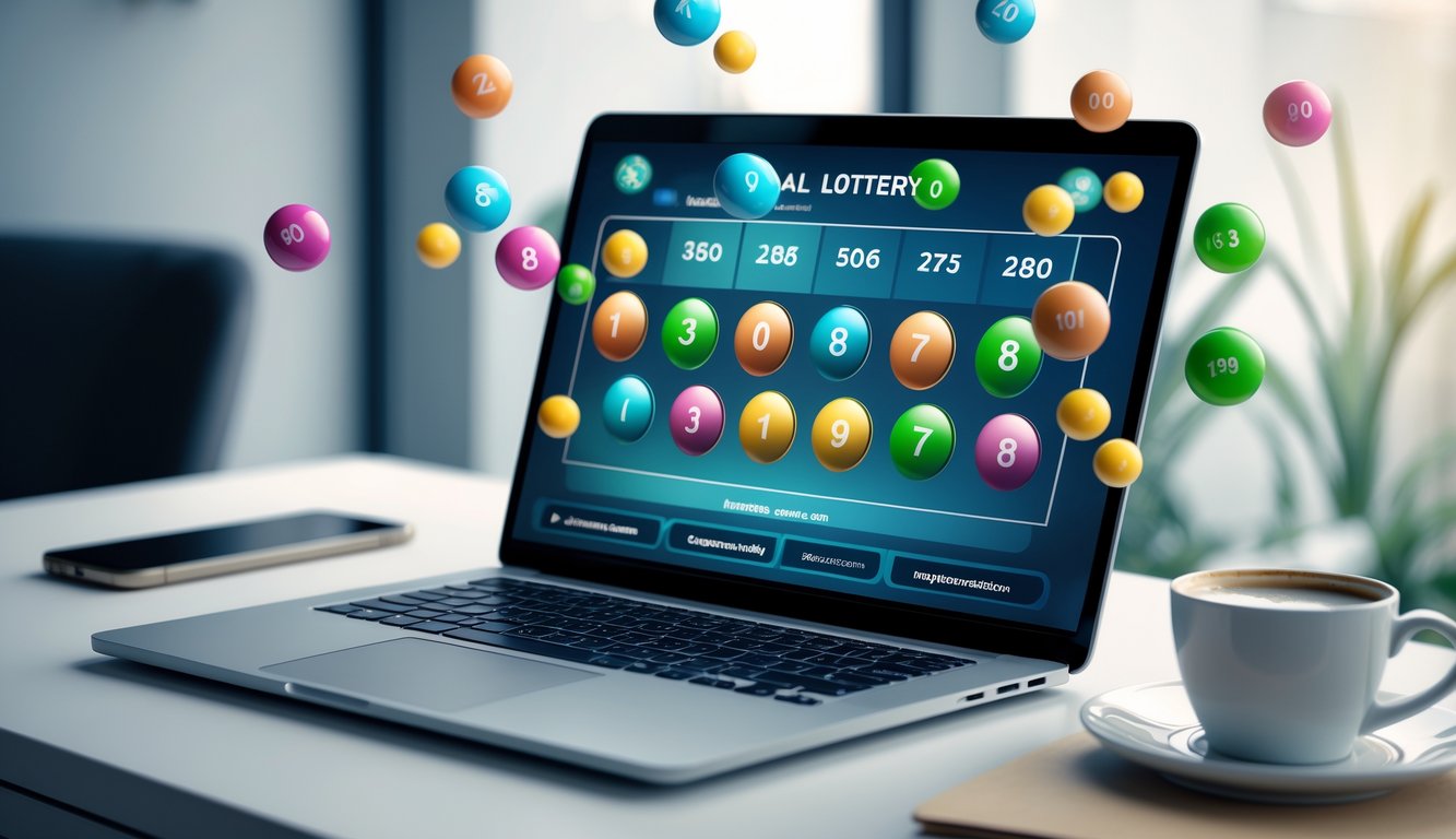 Seorang pria sedang menggunakan laptop dengan tampilan angka jackpot togel online di meja kerja yang rapi.