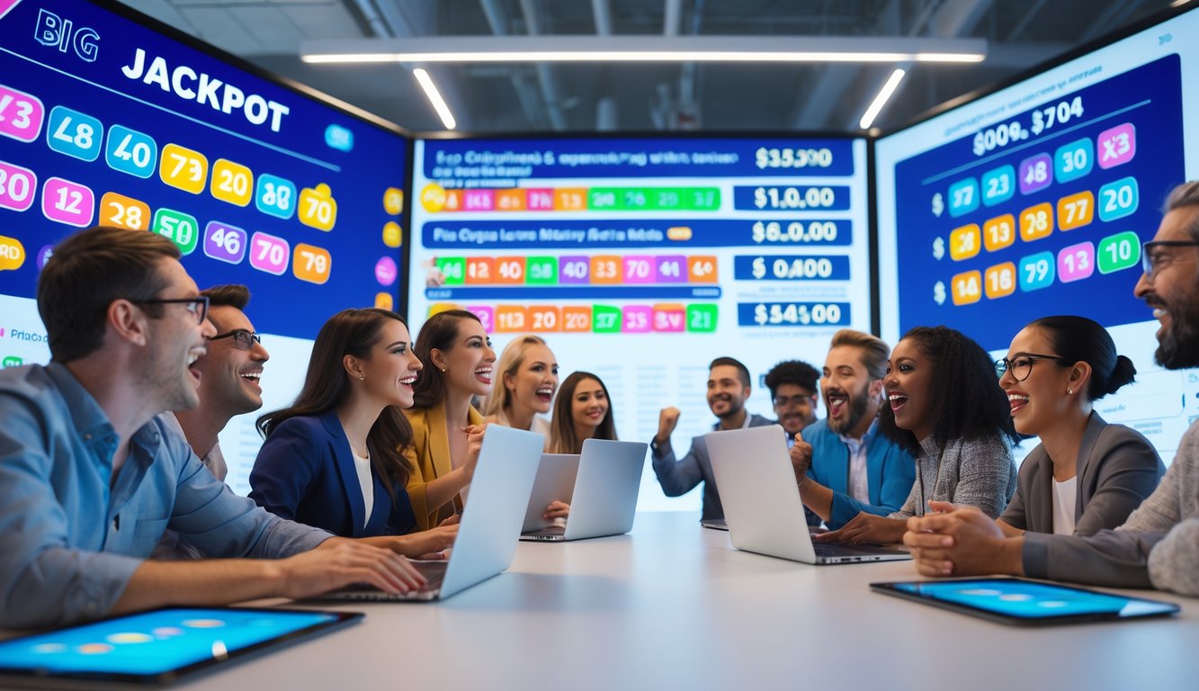 Sekelompok orang melihat layar digital dengan angka lotere dan jackpot besar dalam suasana ceria di ruang modern.
