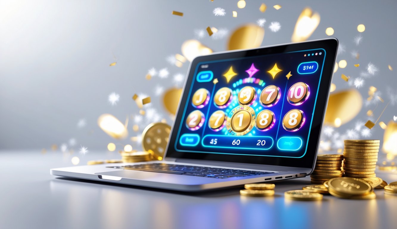 Seorang pengguna sedang melihat layar perangkat digital yang menampilkan antarmuka lotere online dengan simbol jackpot dan koin emas di sekitarnya.