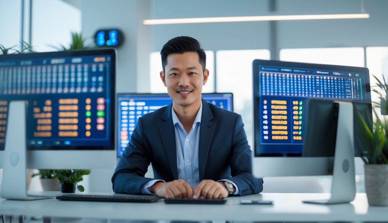 Seorang pria Asia Tenggara duduk di meja kantor modern dengan beberapa layar komputer yang menampilkan grafik dan angka, menunjukkan suasana kerja yang profesional dan terpercaya.