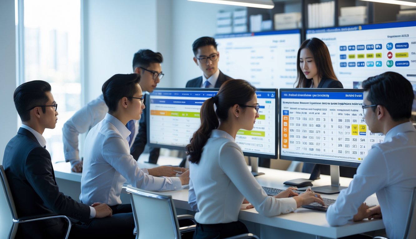 Orang-orang di kantor modern sedang menganalisis hasil dan statistik togel pada layar komputer.