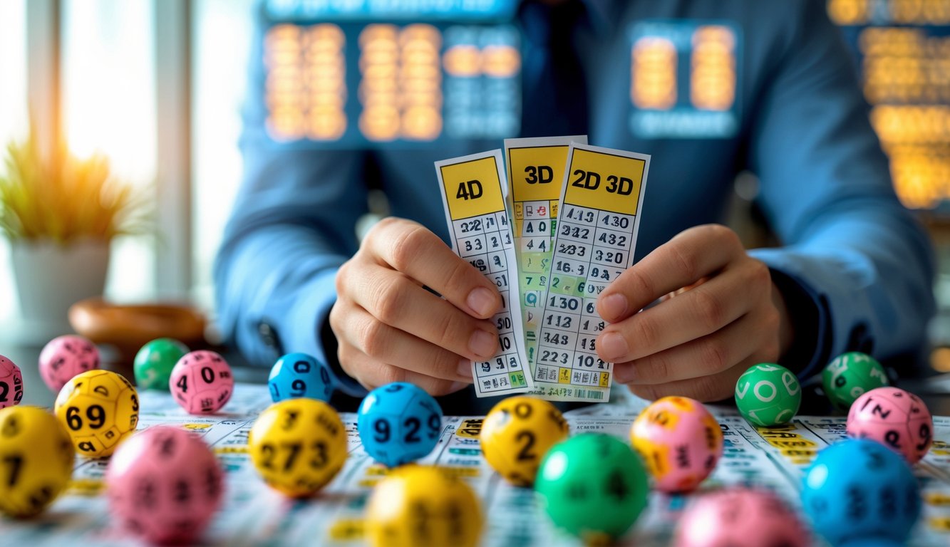 Tangan seseorang memegang tiket lotere dengan bola lotere berwarna-warni di meja dan layar digital di latar belakang yang menampilkan grafik keuangan.