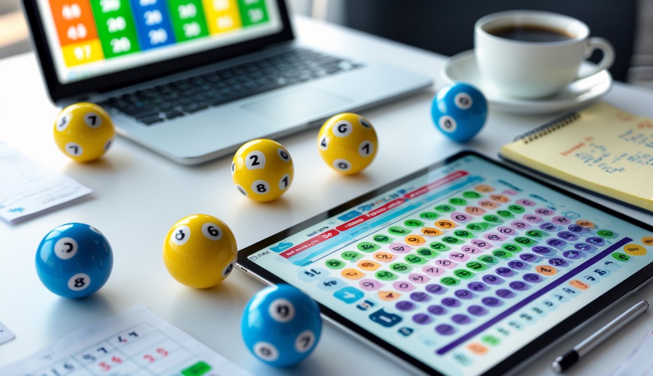 Meja kerja dengan tablet digital menampilkan angka dan grafik, bola lotere dengan nomor, laptop, cangkir kopi, dan catatan tulisan tangan.