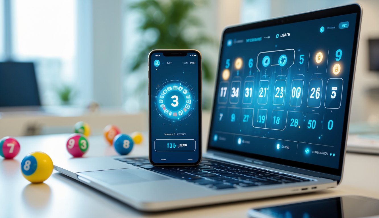 Meja kerja dengan laptop dan ponsel menampilkan antarmuka digital angka lotere, dikelilingi bola lotere berwarna-warni di lingkungan kantor yang terang.
