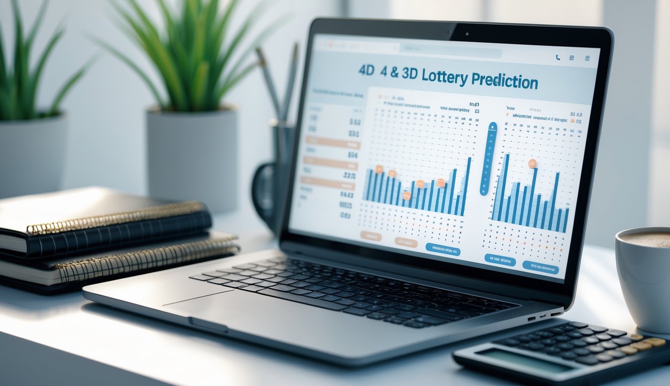 Meja kerja dengan laptop menampilkan data angka dan grafik prediksi togel, dikelilingi oleh buku catatan dan kalkulator.