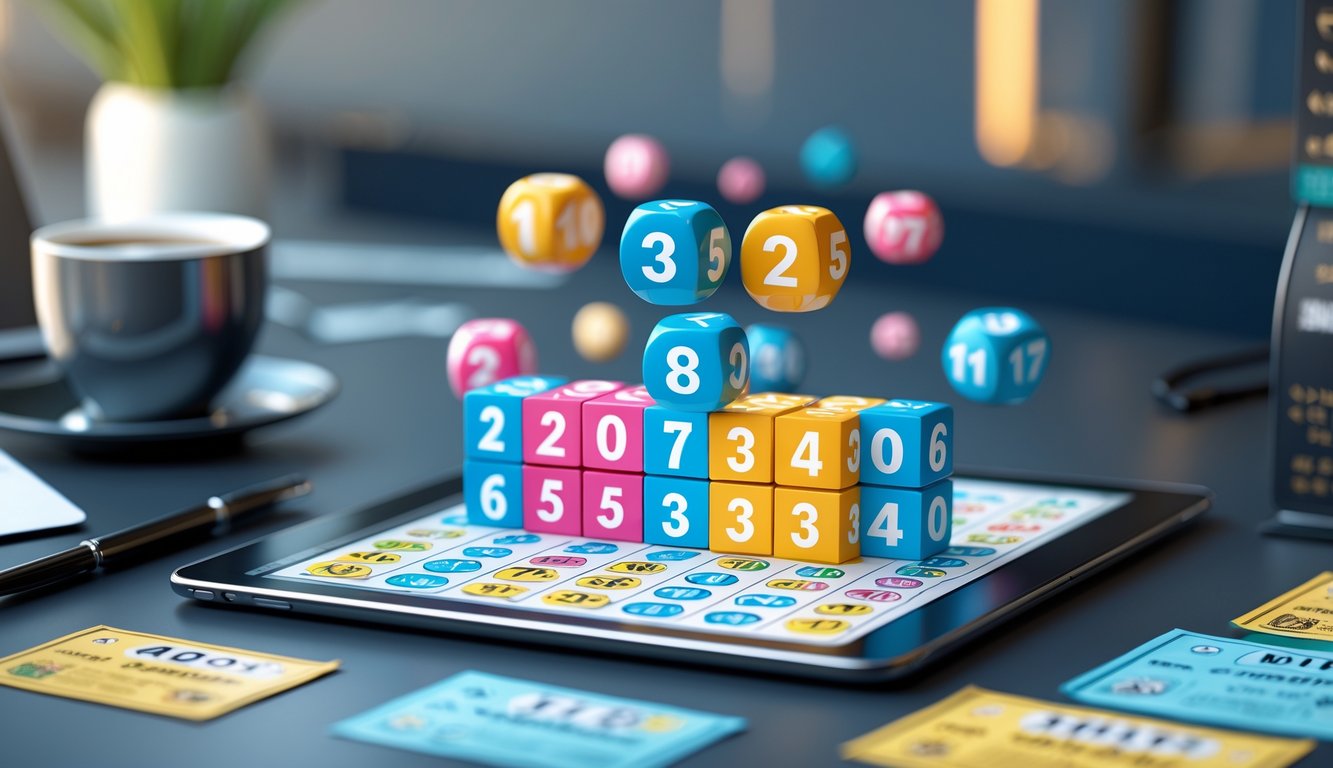 Meja kerja dengan tablet menampilkan angka lotere 4D, 3D, dan 2D, tiket lotere, pena, dan cangkir kopi di ruang kerja modern.