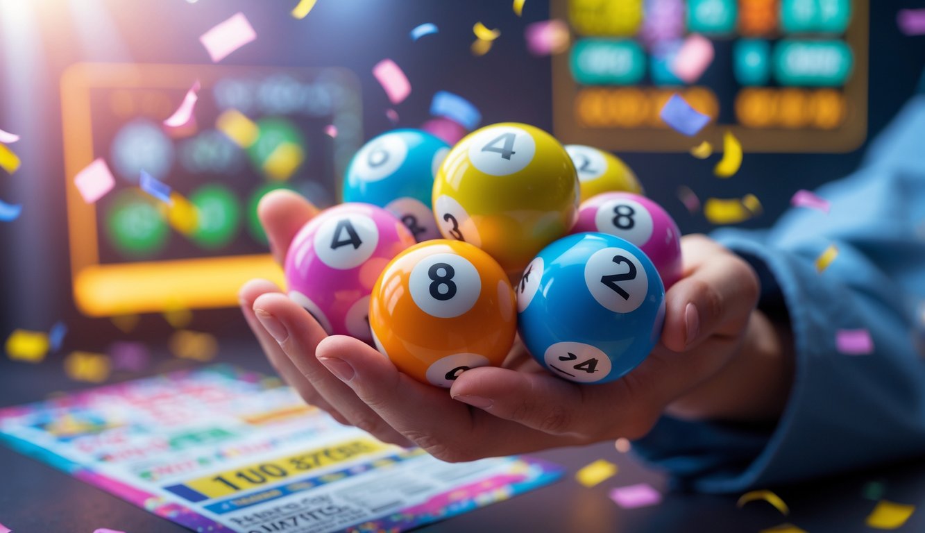 Tangan yang memegang bola lotere berwarna-warni dengan angka, di latar belakang terlihat tiket lotere dan suasana perayaan.