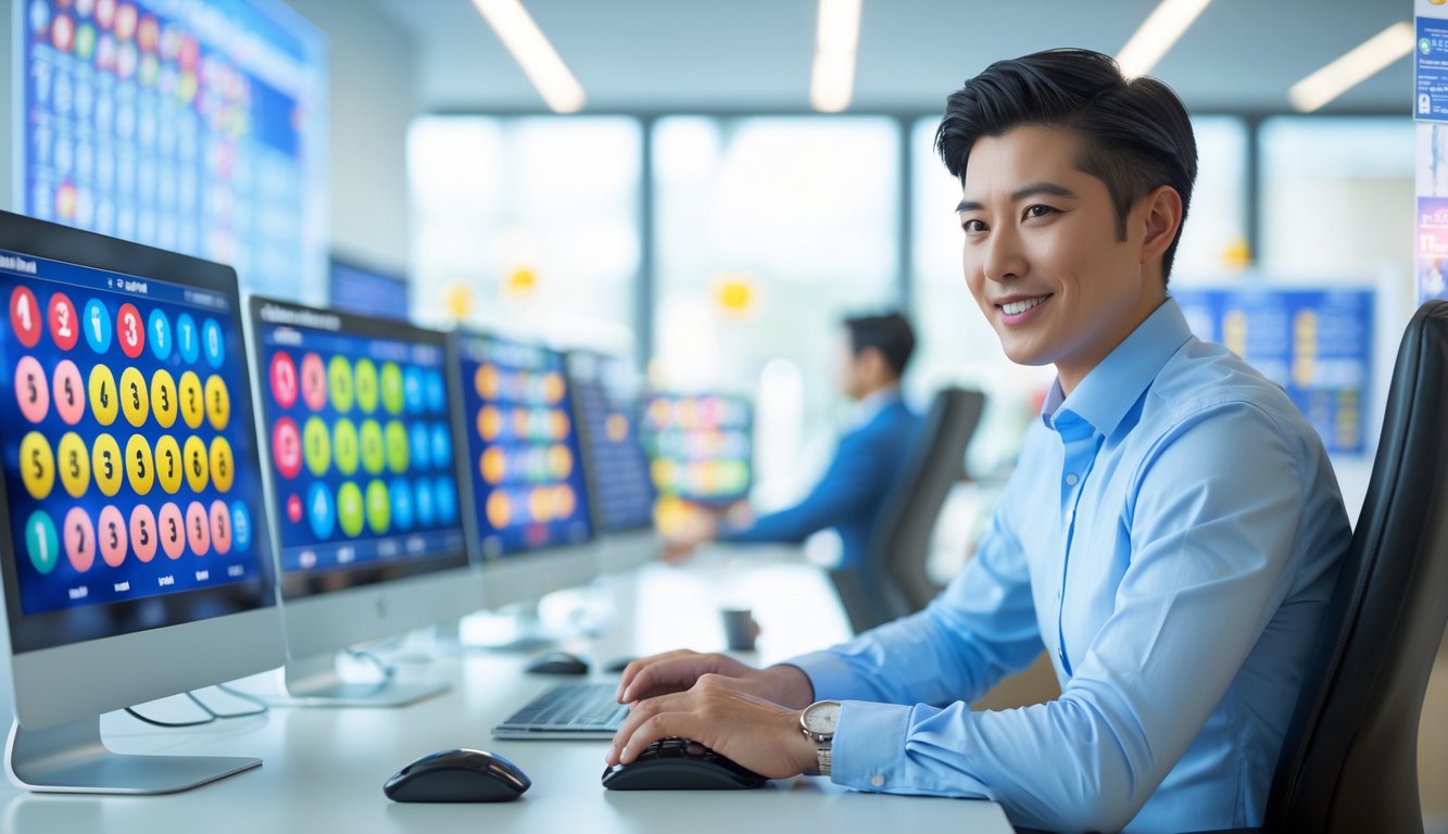 Seorang agen lotere duduk di meja kantor dengan beberapa monitor komputer yang menampilkan angka lotere dan grafik.