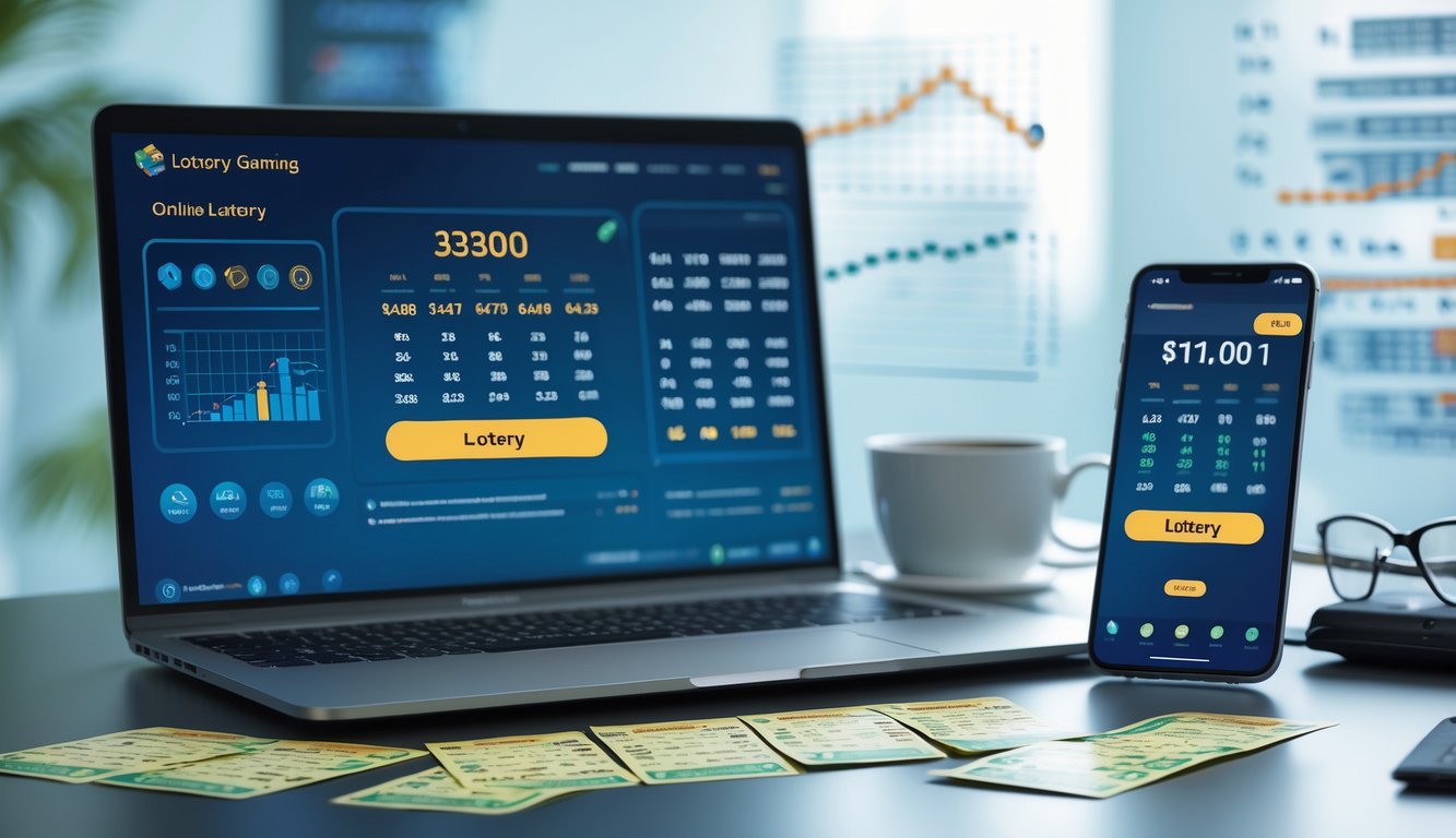 Meja kerja dengan laptop dan ponsel yang menampilkan antarmuka permainan togel, tiket togel, dan cangkir kopi.