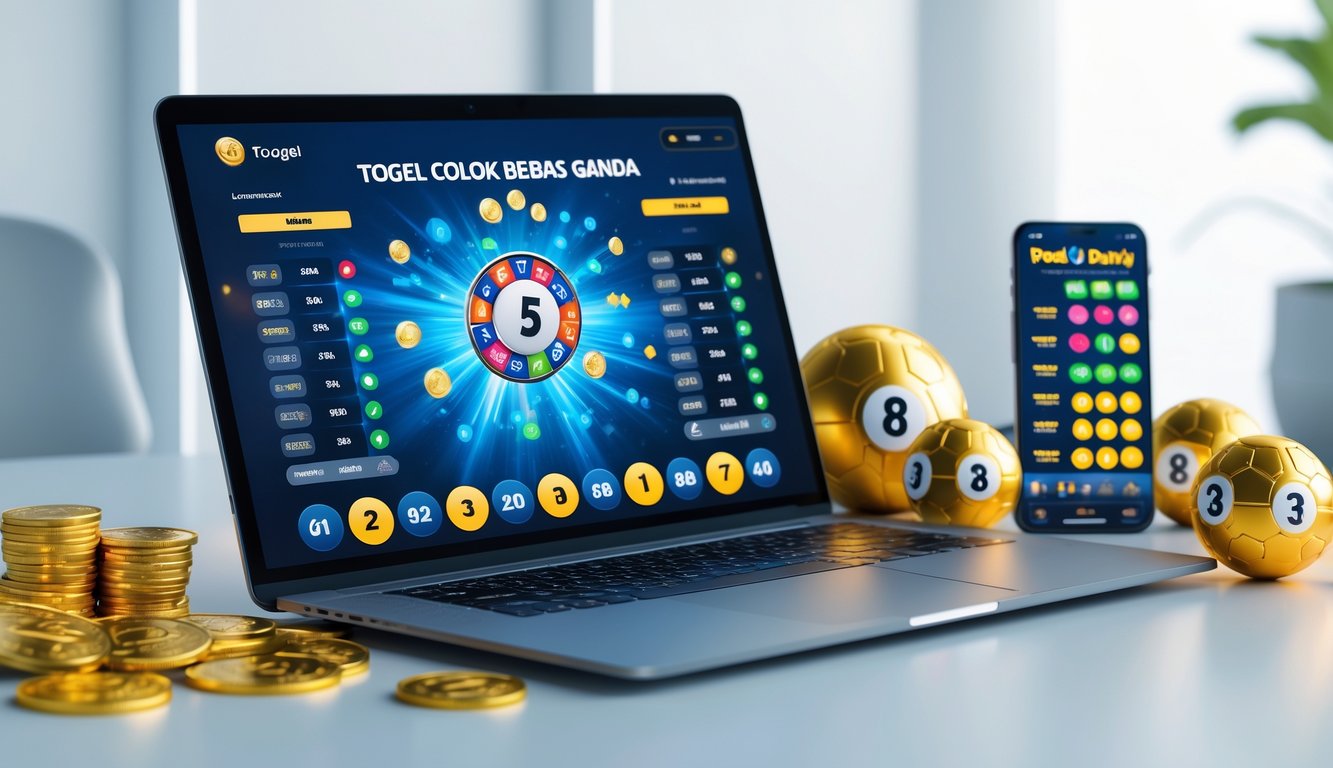 Suasana meja kerja dengan laptop dan smartphone menampilkan aplikasi togel online, dikelilingi koin emas dan bola togel bernomor.
