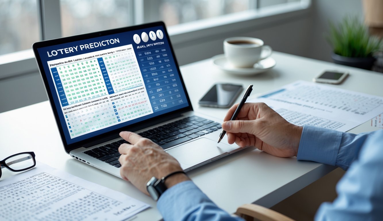Meja kerja dengan laptop yang menampilkan data angka dan tangan seseorang menunjuk ke layar, dikelilingi oleh catatan dan alat tulis.