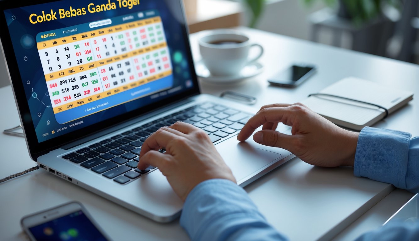 Seseorang sedang menggunakan laptop dengan antarmuka lotere digital di meja kerja yang rapi.