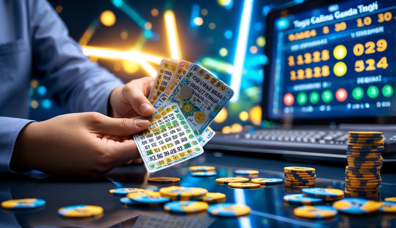 Tangan seseorang memegang beberapa tiket lotere dan chip warna-warni di atas meja dengan layar digital menampilkan angka dan tingkat pembayaran.