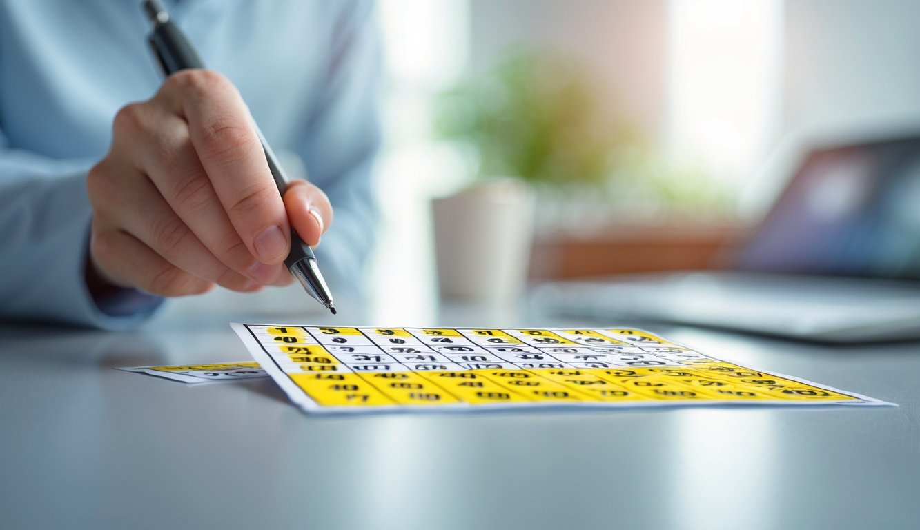 Tangan memegang pena di atas tiket lotere dengan angka-angka, menunjukkan proses memilih nomor.