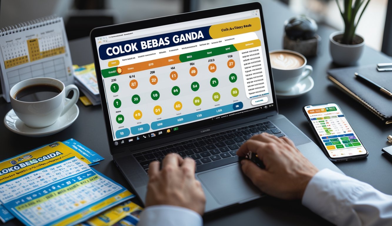 Seorang agen togel sedang bekerja dengan laptop dan smartphone di meja yang rapi, menampilkan aktivitas taruhan togel online.