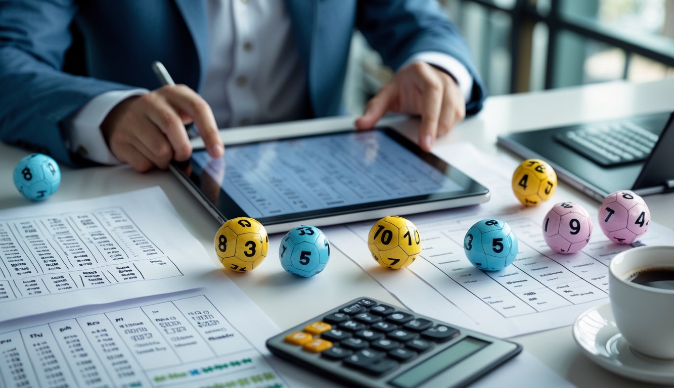 Seseorang sedang menganalisis angka pada tablet digital dan kertas di meja kerja dengan bola lotere dan alat tulis di sekitarnya.