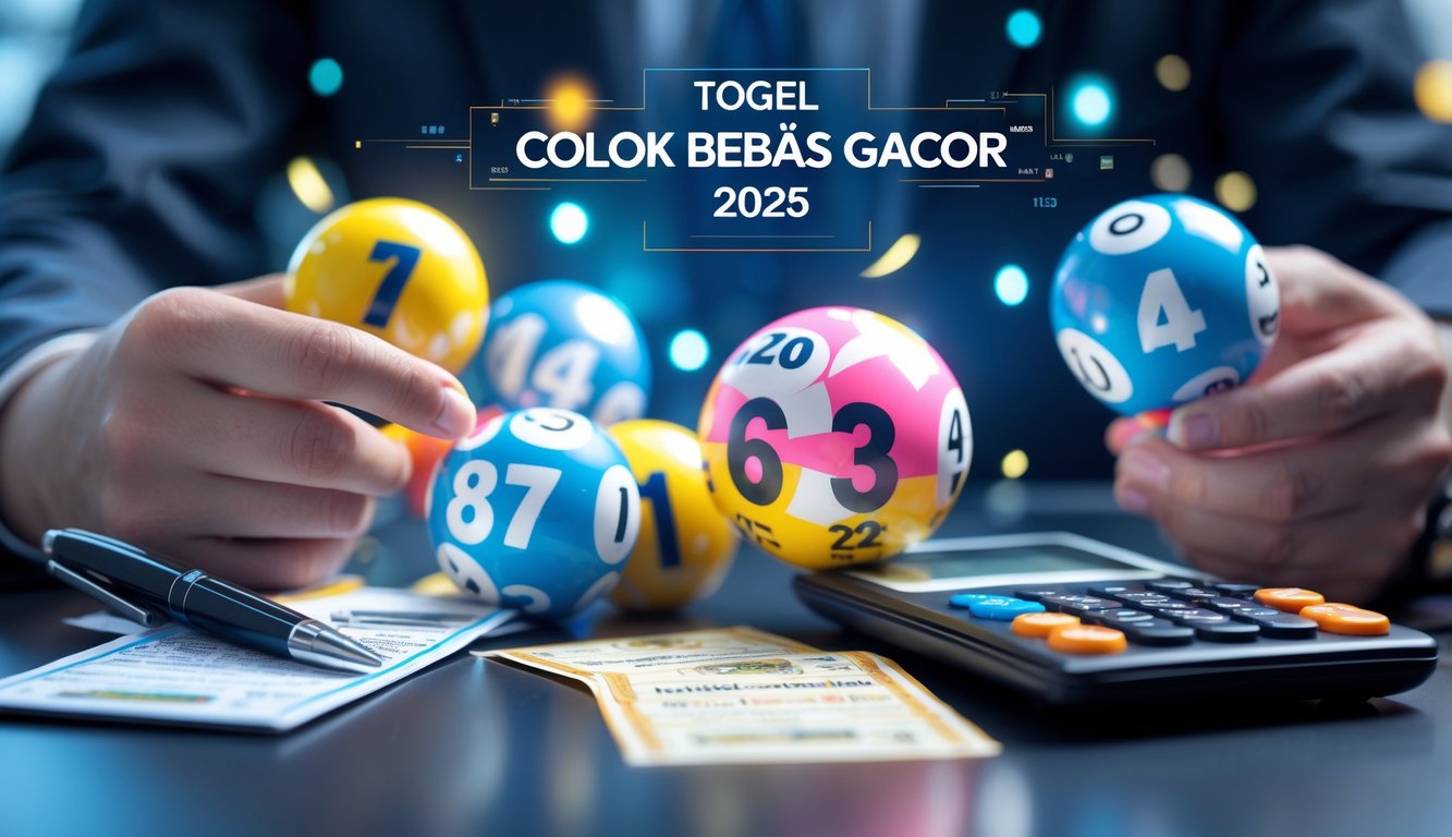 Tangan memegang tiket togel dengan bola togel berwarna-warni dan layar digital di latar belakang yang menampilkan pola angka.