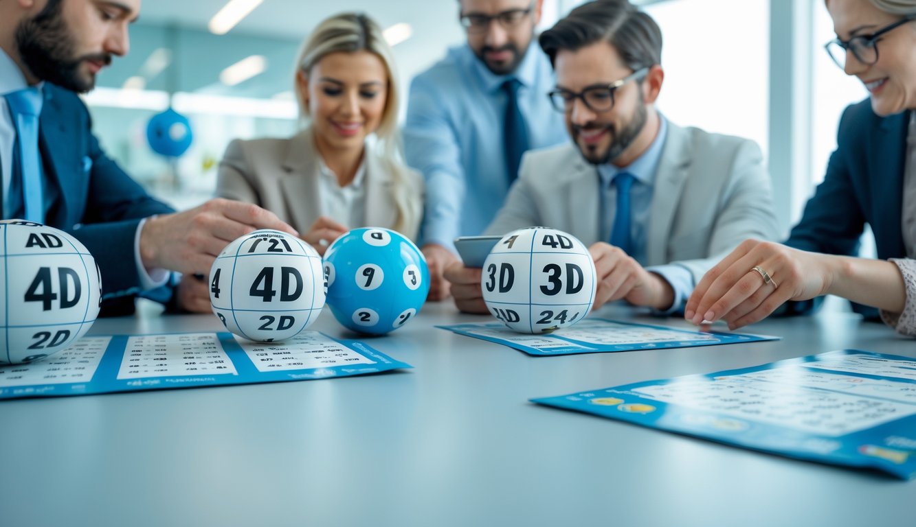 Orang-orang memeriksa tiket lotere dan hasil undian di lingkungan kantor yang profesional.