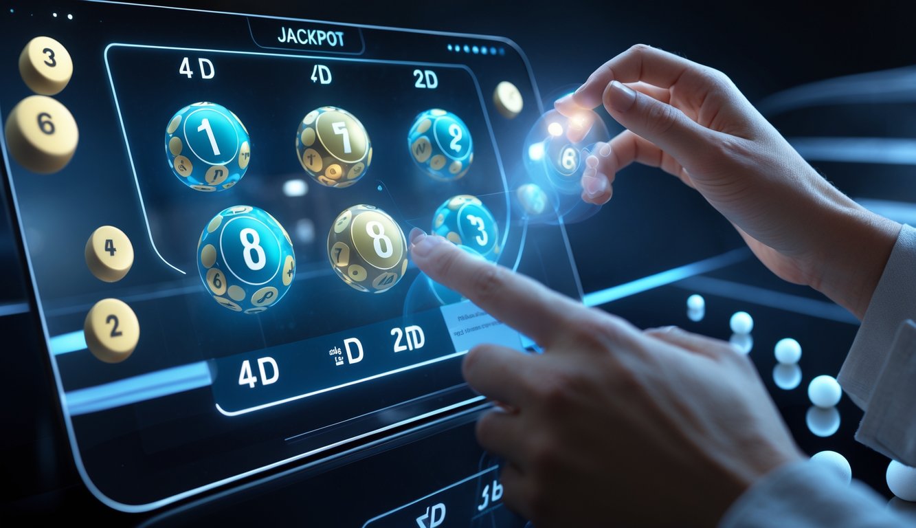 Seseorang menggunakan layar sentuh digital dengan angka dan bola lotere yang bersinar, menggambarkan konsep jackpot togel online.