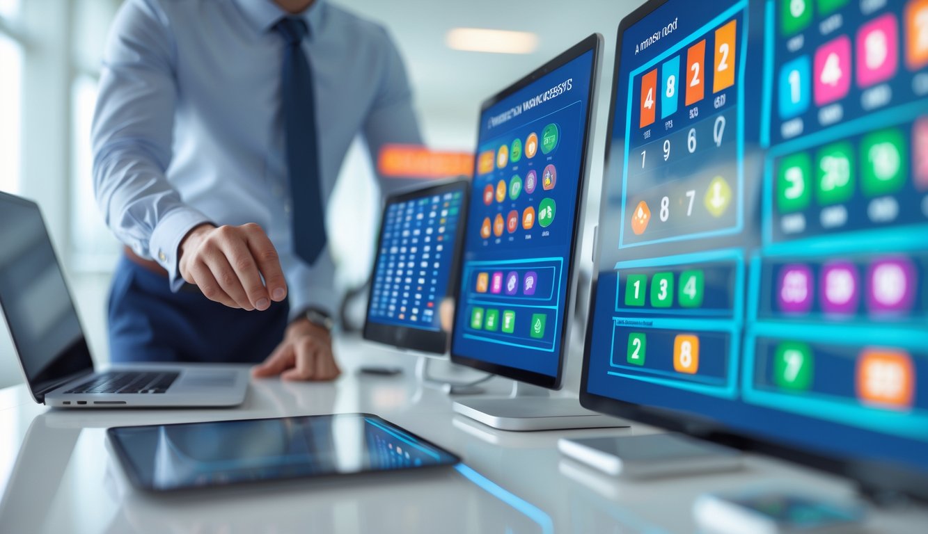 Seorang profesional di kantor modern sedang melihat layar digital dengan grafik dan angka terkait permainan togel 4D, 3D, dan 2D.