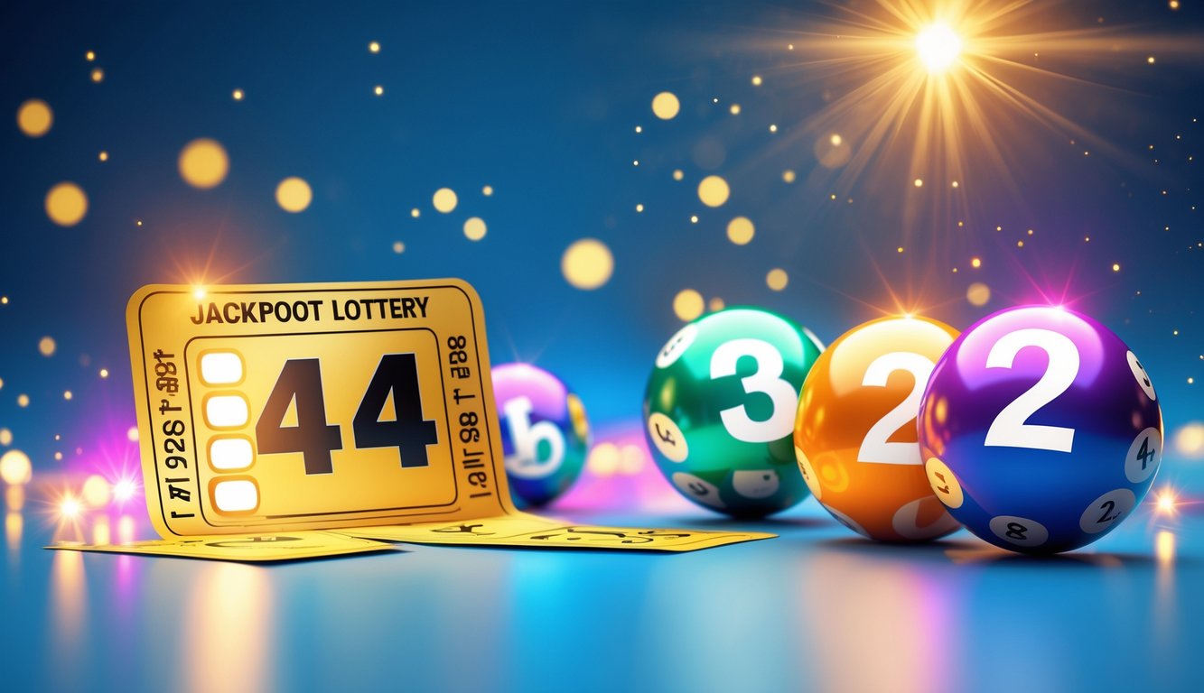 Suasana dinamis dengan bola lotre berwarna cerah dan tiket lotre modern yang menonjolkan angka 4, 3, dan 2, dengan latar belakang cahaya keemasan dan efek berkilau.