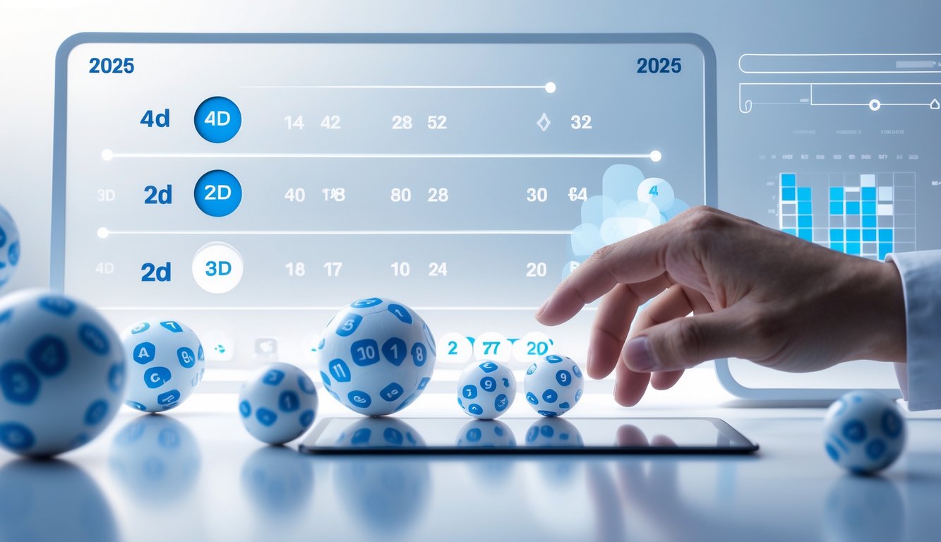 Antarmuka digital modern dengan angka lotere 4D, 3D, dan 2D yang sedang ditampilkan di layar sentuh.