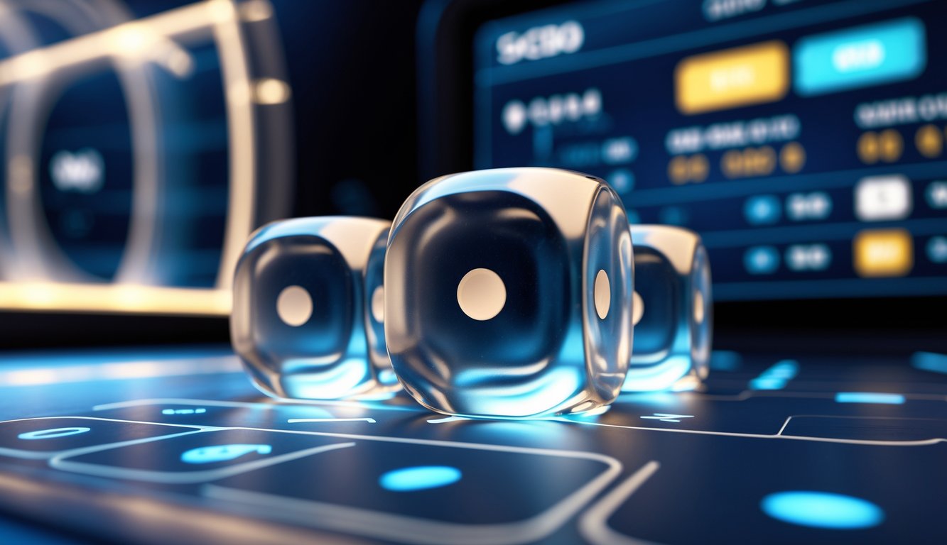 Tiga dadu transparan sedang bergulir di layar permainan Sicbo online dengan latar belakang lingkungan permainan modern.