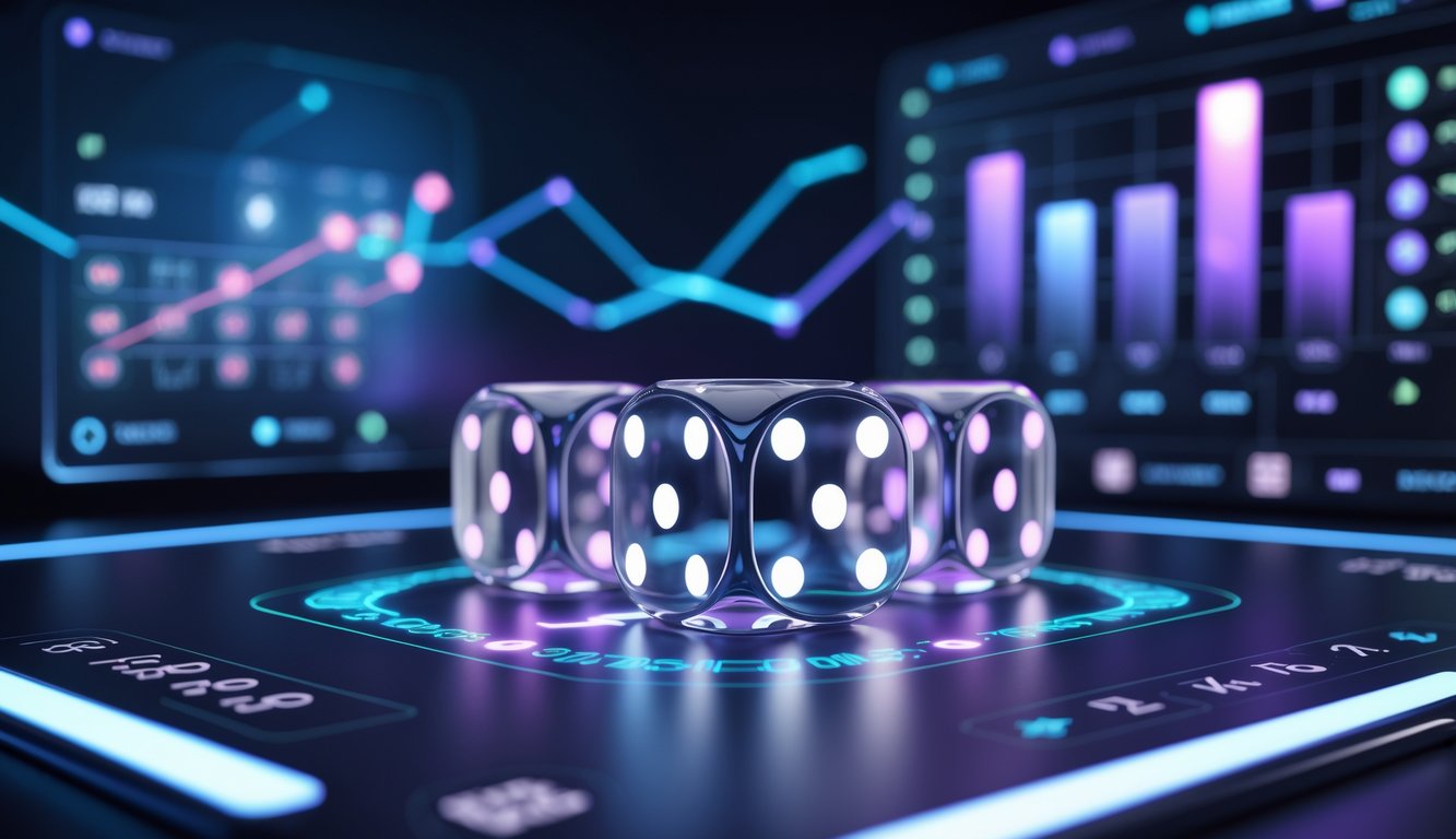 Tampilan antarmuka permainan Sicbo online dengan tiga dadu transparan yang sedang bergulir dan elemen permainan digital di latar belakang futuristik.