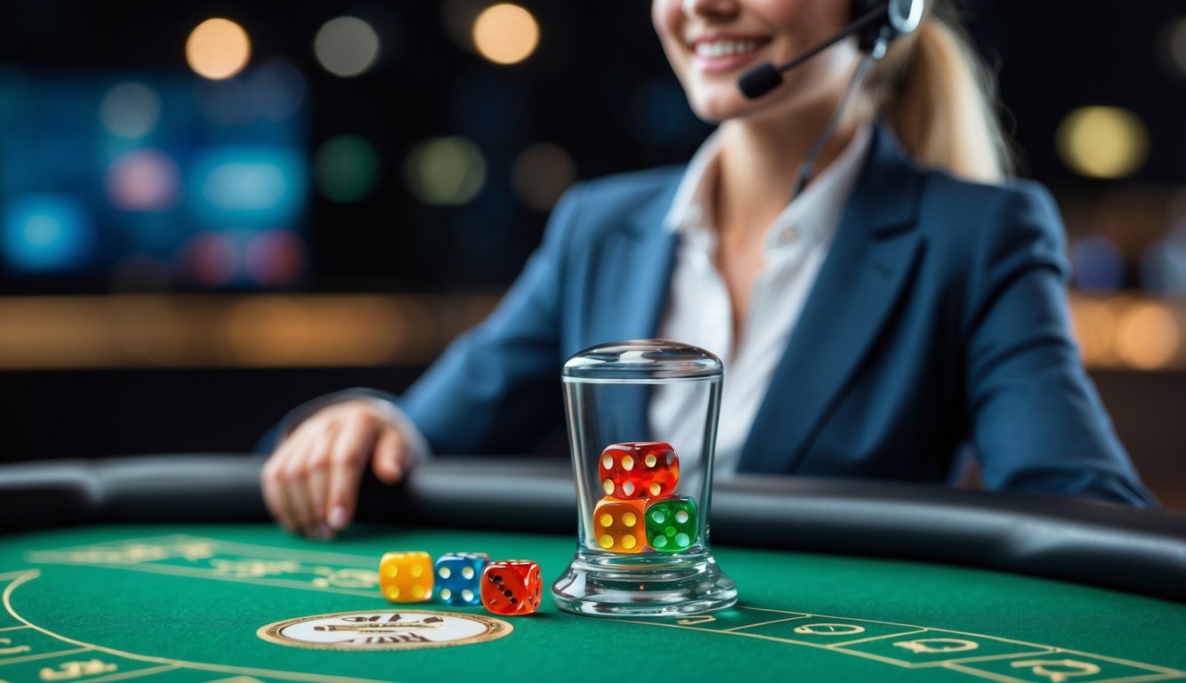 Seorang dealer profesional berdiri di belakang meja permainan Sicbo dengan shaker dadu di atas meja.