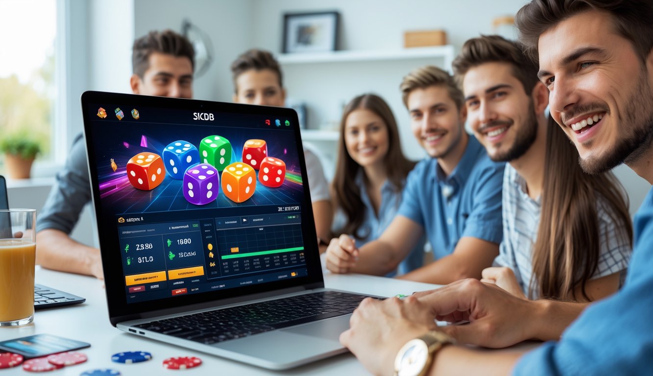 Sekelompok orang muda bermain permainan Sicbo online di laptop di ruang kerja rumah yang terang dan nyaman.