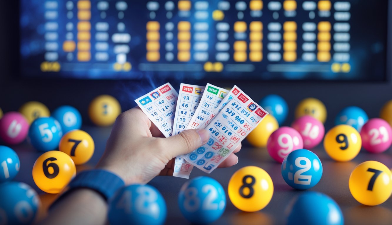 Tangan memegang tiket lotere dengan bola lotere bernomor di sekitar, menunjukkan suasana keberuntungan dan jackpot.
