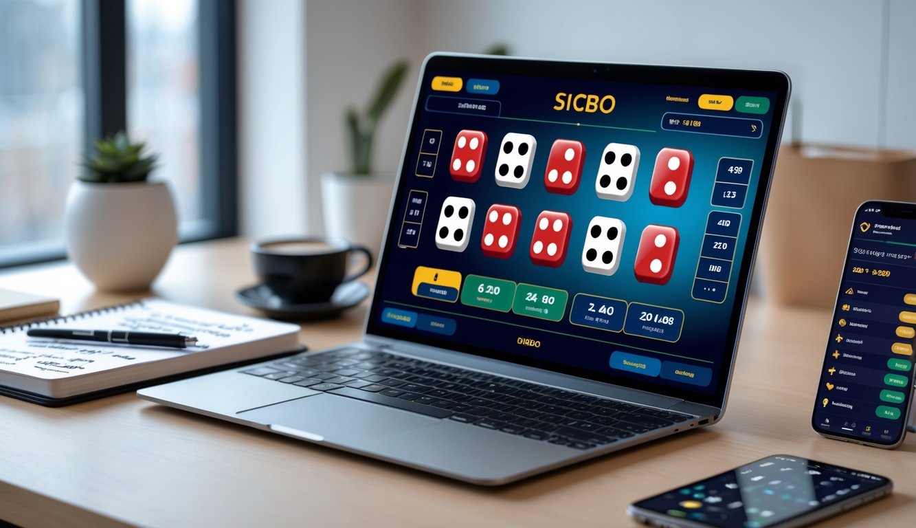 Seorang pemain sedang menggunakan laptop dengan tampilan permainan dadu Sicbo online, di meja terdapat catatan dan smartphone dengan statistik permainan.