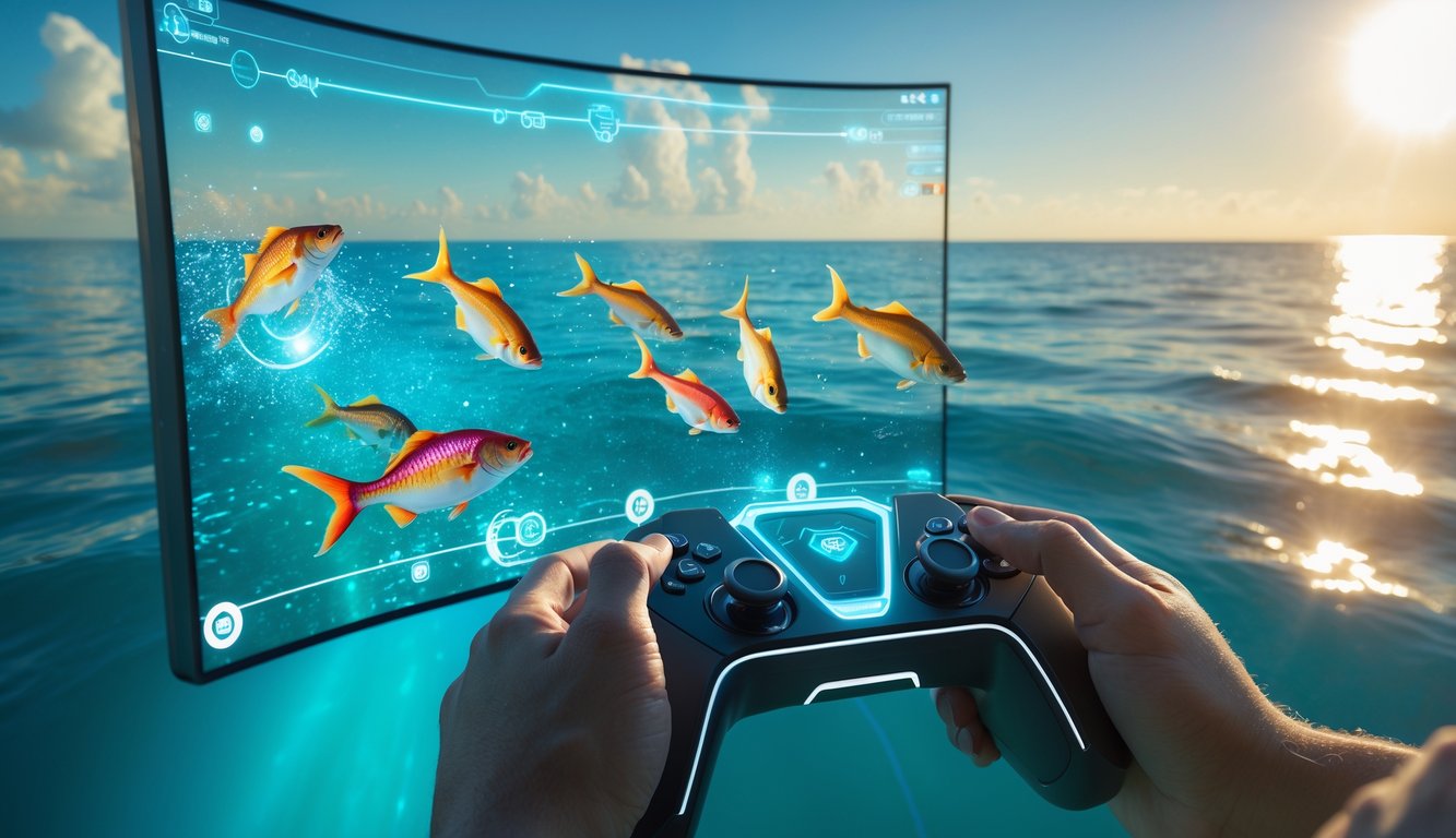 Pemandangan laut dengan ikan-ikan berwarna cerah berenang dan tangan seseorang memegang pengontrol permainan.