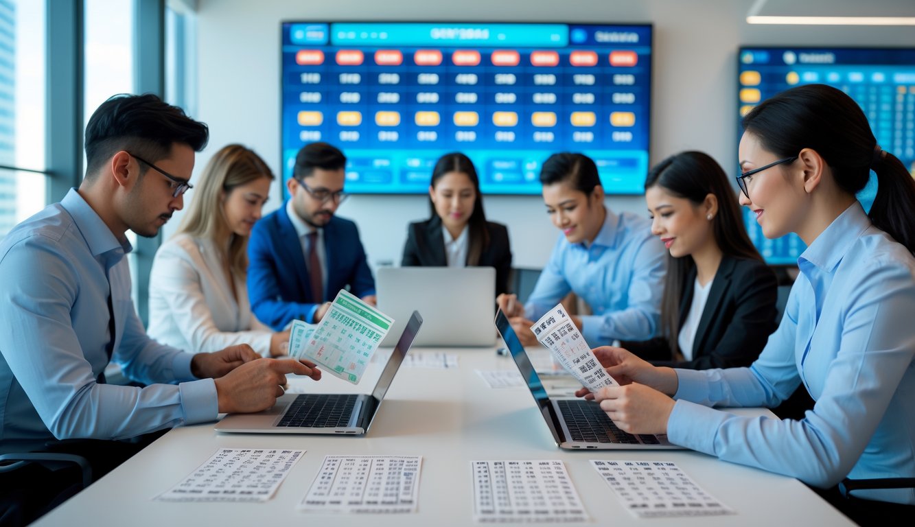 Orang-orang bekerja bersama di kantor modern dengan tiket lotre dan layar digital menampilkan angka dan grafik lotre 4D, 3D, dan 2D.