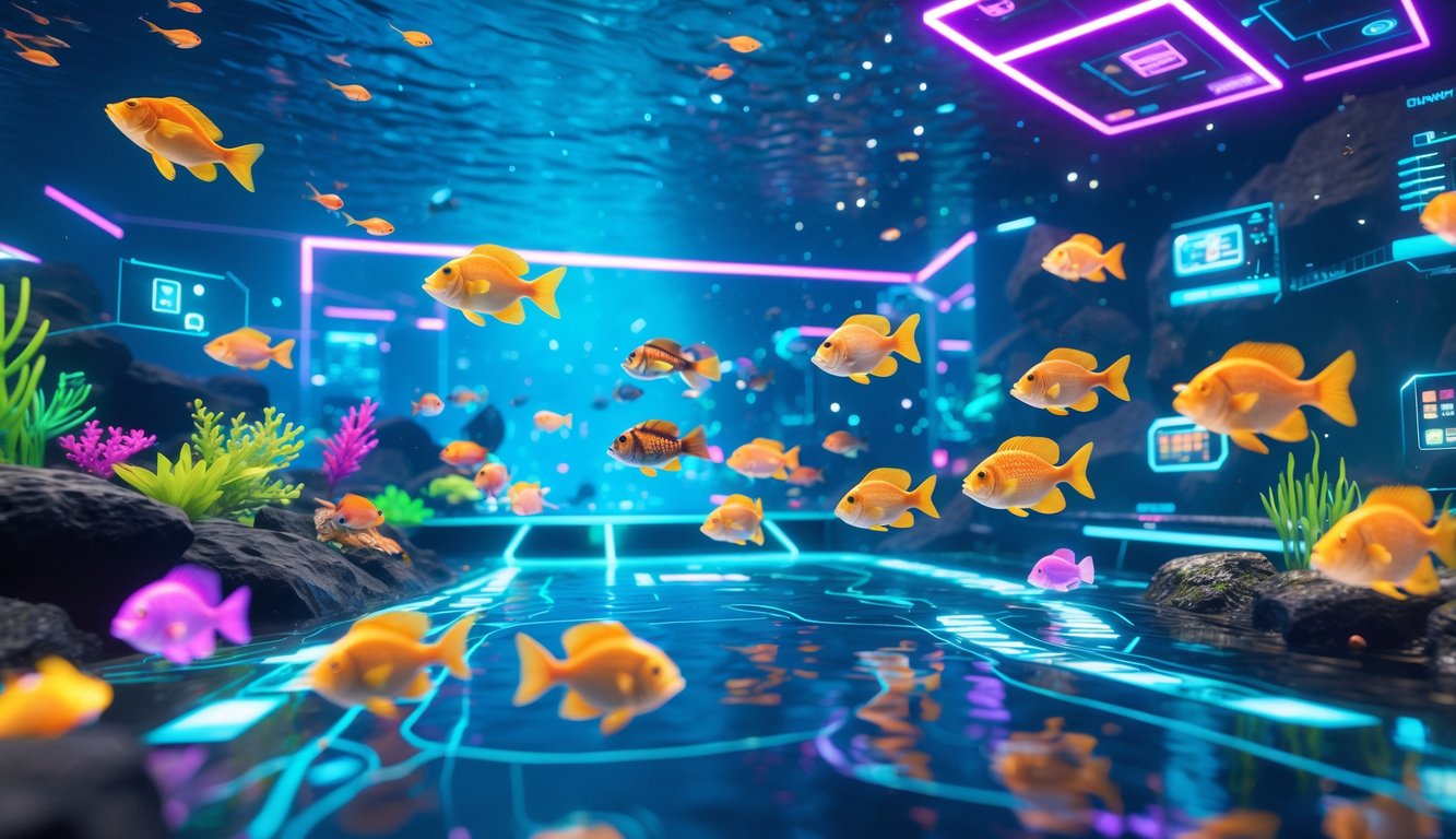 Pemandangan bawah laut digital dengan berbagai ikan berwarna-warni dan efek cahaya neon yang menciptakan suasana futuristik.