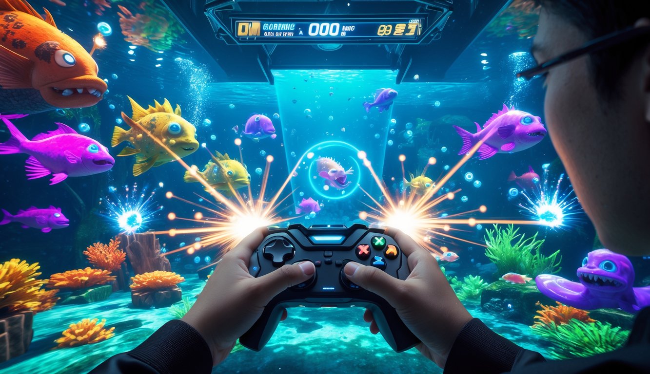 Tangan seseorang sedang memainkan permainan menembak ikan di layar dengan efek cahaya dan monster laut yang muncul.