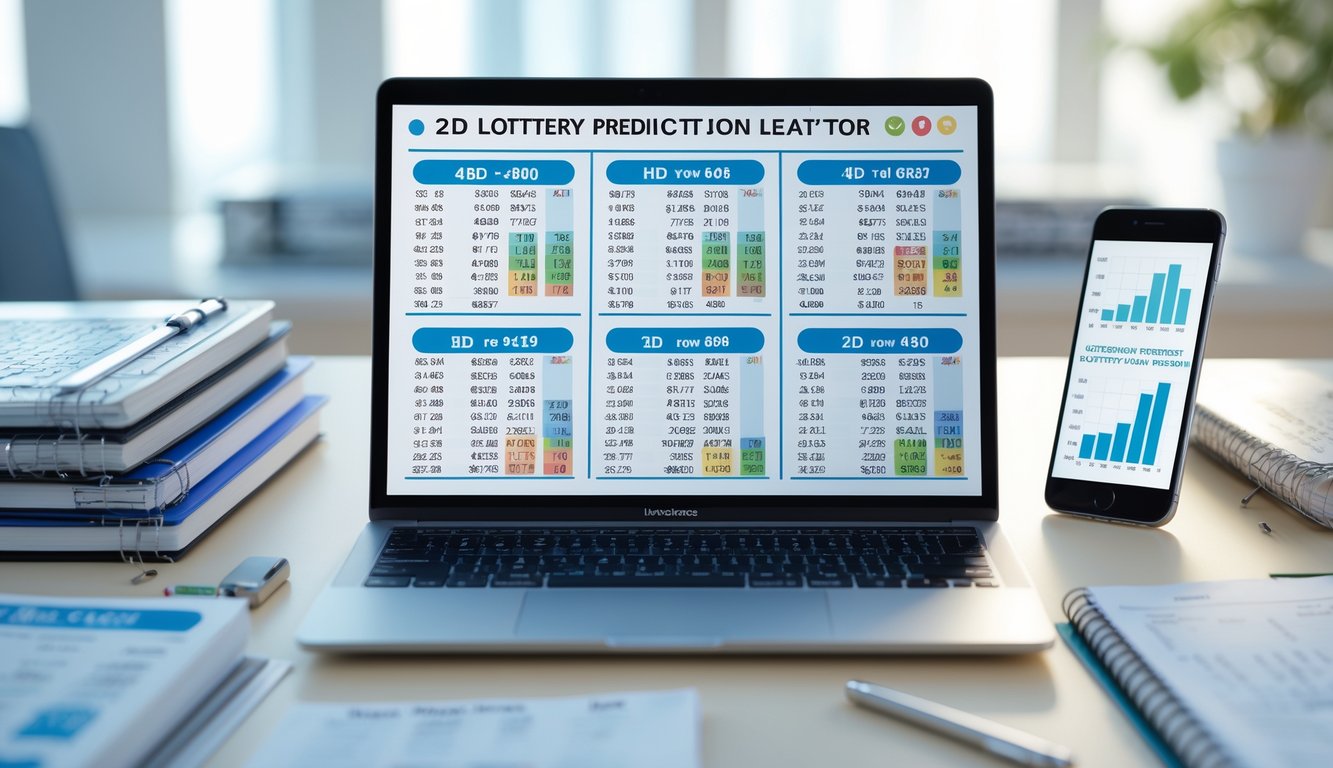 Meja kerja modern dengan laptop yang menampilkan grafik dan angka prediksi togel, dikelilingi oleh buku catatan, pena, dan ponsel, dalam ruangan kantor yang terang dan rapi.