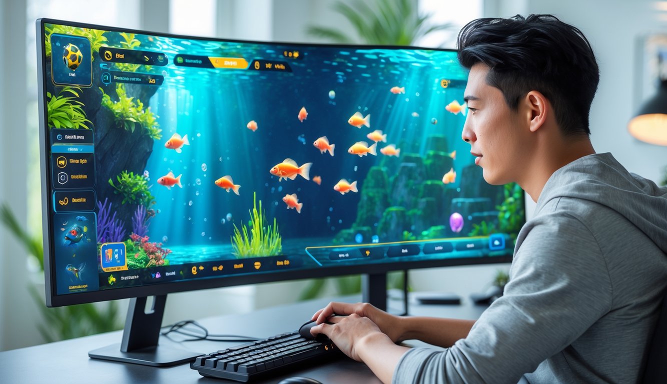 Seorang pria muda sedang bermain permainan tembak ikan di komputer dengan latar belakang layar menampilkan ikan berwarna-warni di bawah laut.