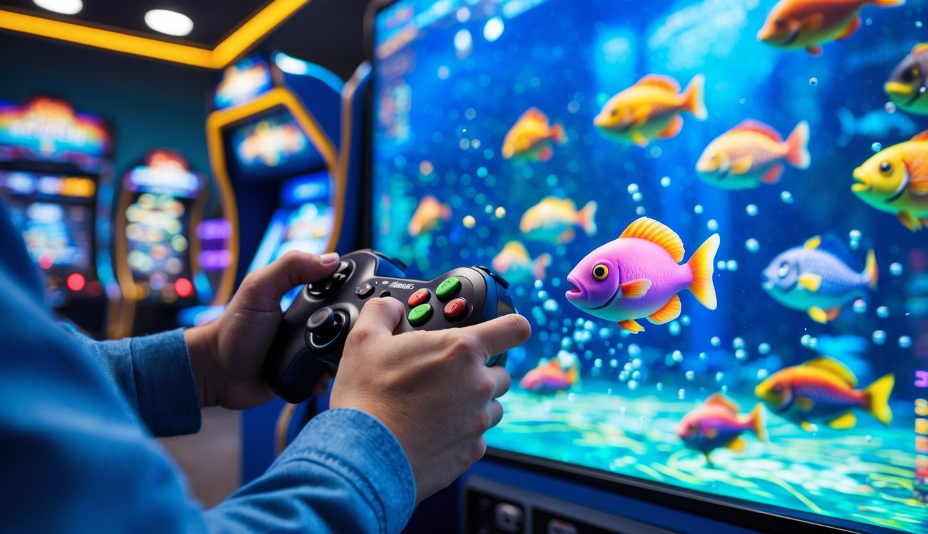 Seorang pemain sedang fokus menembak ikan di mesin permainan arcade dengan latar belakang suasana arcade modern.