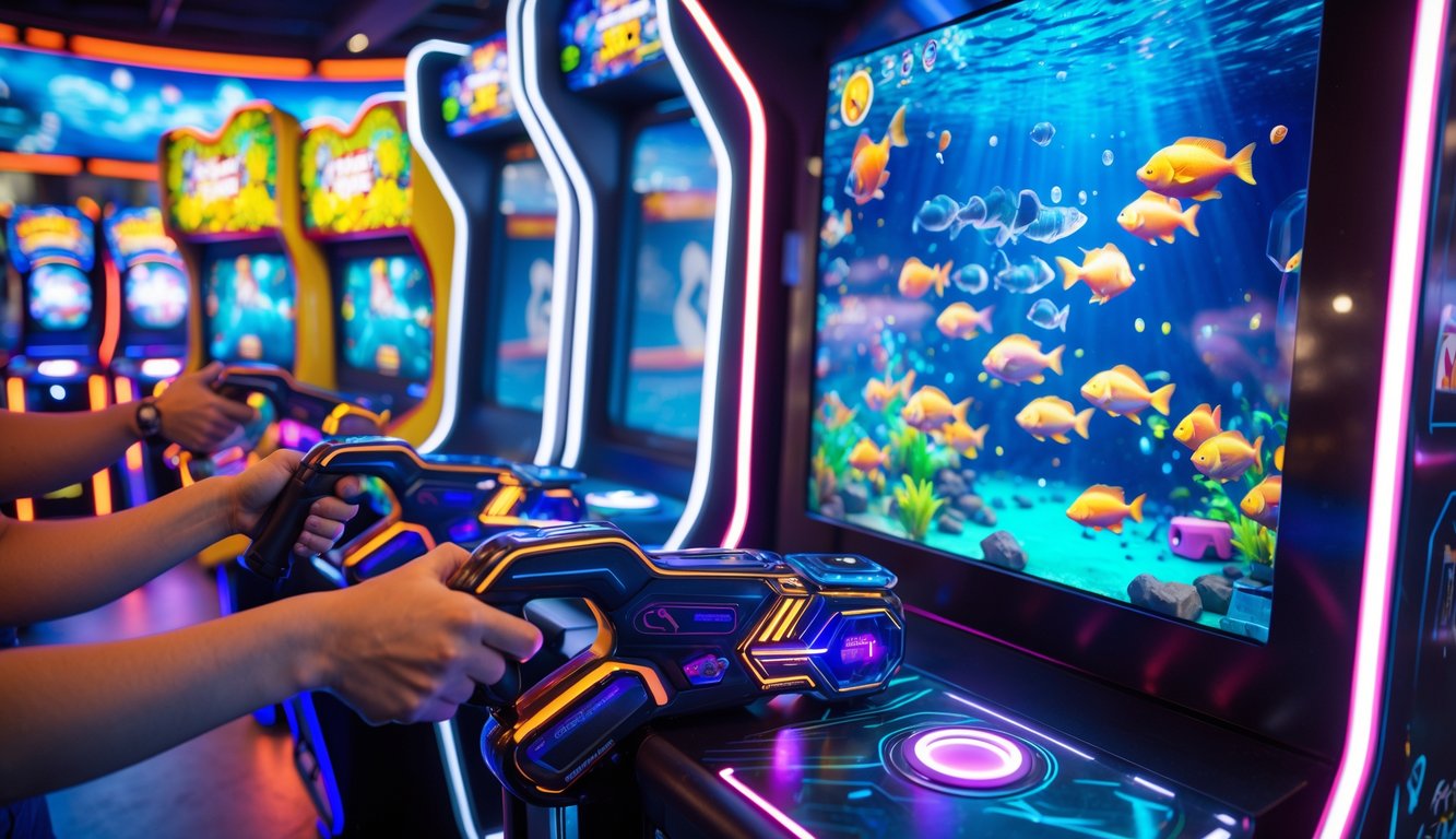 Mesin permainan tembak ikan modern dengan layar berwarna cerah dan tangan pemain yang sedang menggunakan kontrol tembak di dalam arcade.
