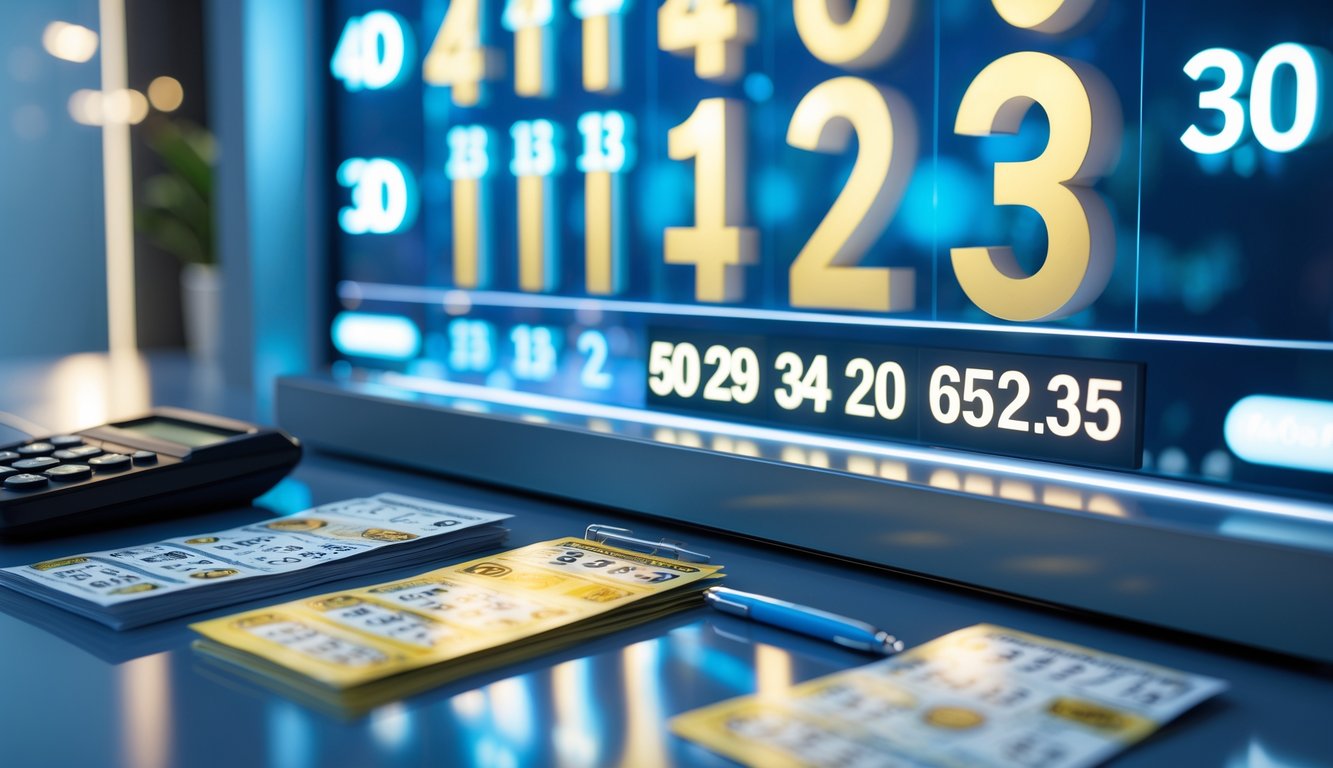 Suasana modern dengan papan digital menampilkan kombinasi angka lotere dan tiket lotere di atas meja bersih.