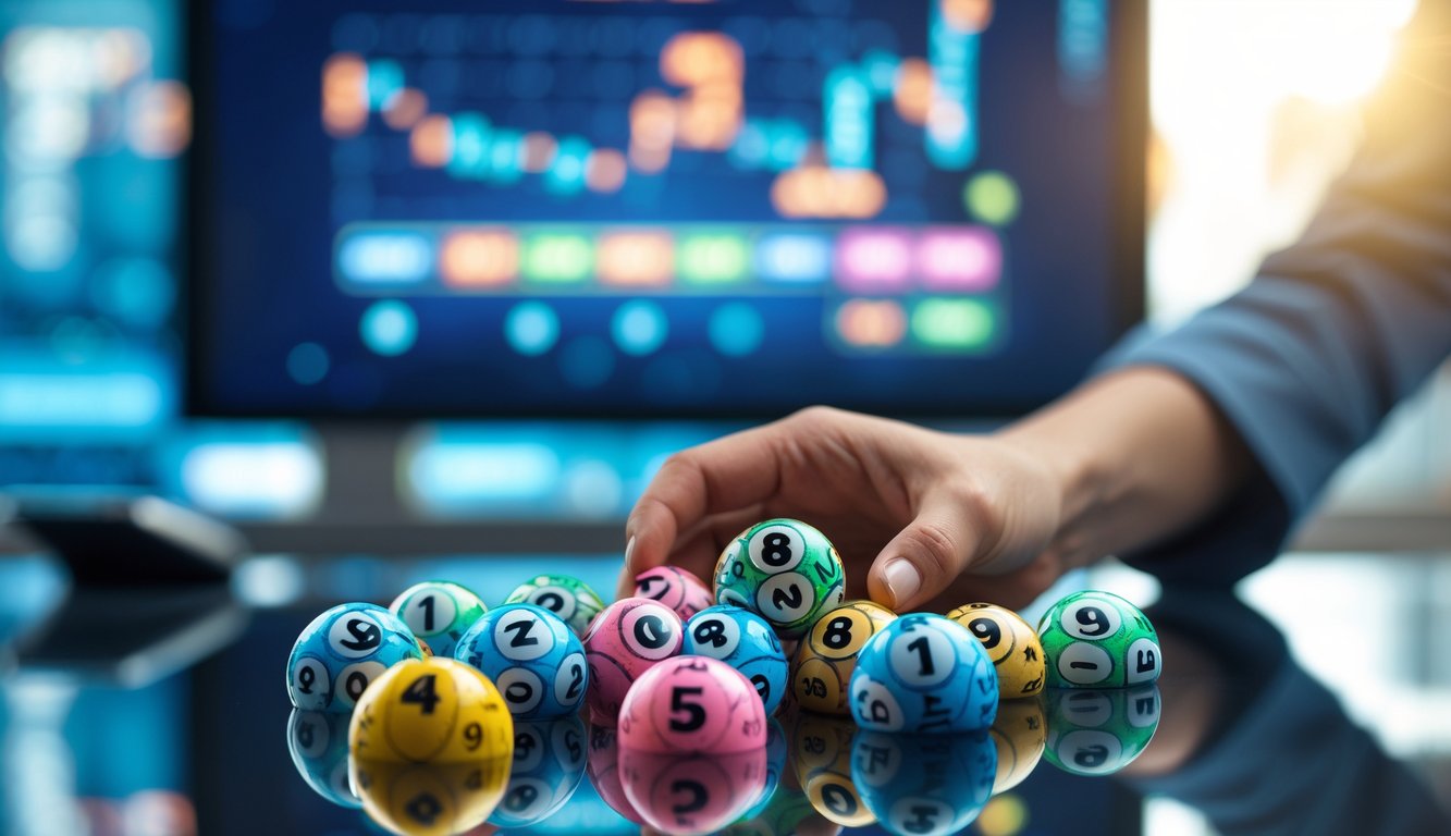 Tangan memegang bola lotere berwarna-warni dengan angka, di latar belakang papan tampilan digital yang menunjukkan angka jackpot.