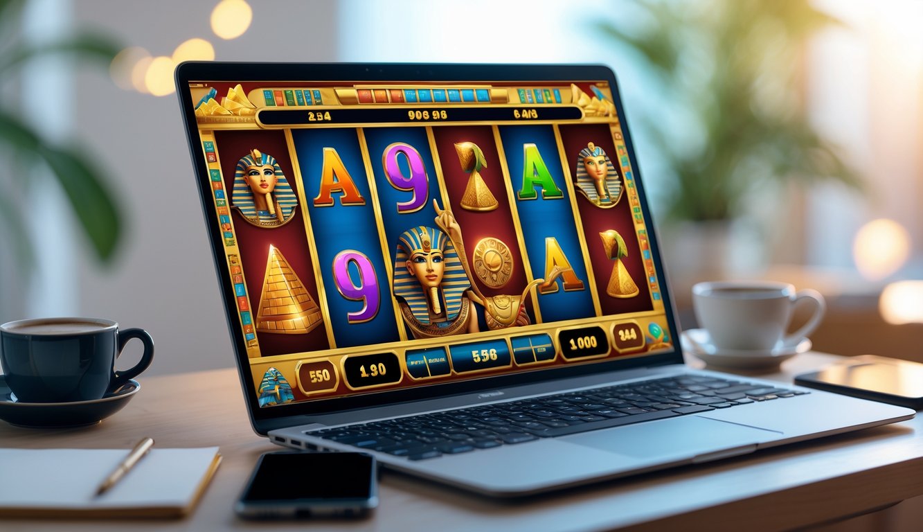 Seorang pengguna duduk di depan komputer dengan permainan slot bertema Mesir kuno yang terlihat di layar, di meja terdapat cangkir kopi dan ponsel.
