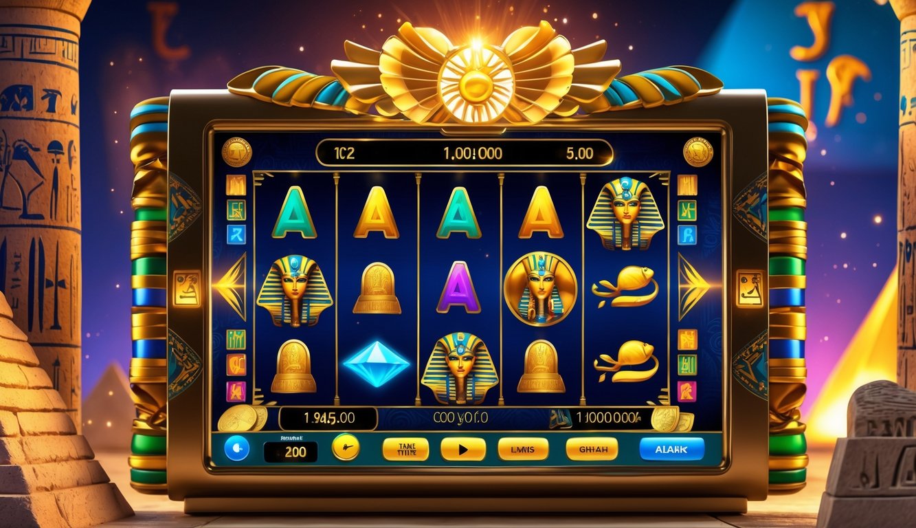 Layar mesin slot online dengan tema Mesir kuno menampilkan simbol-simbol berwarna cerah dan latar belakang dengan motif hieroglif.