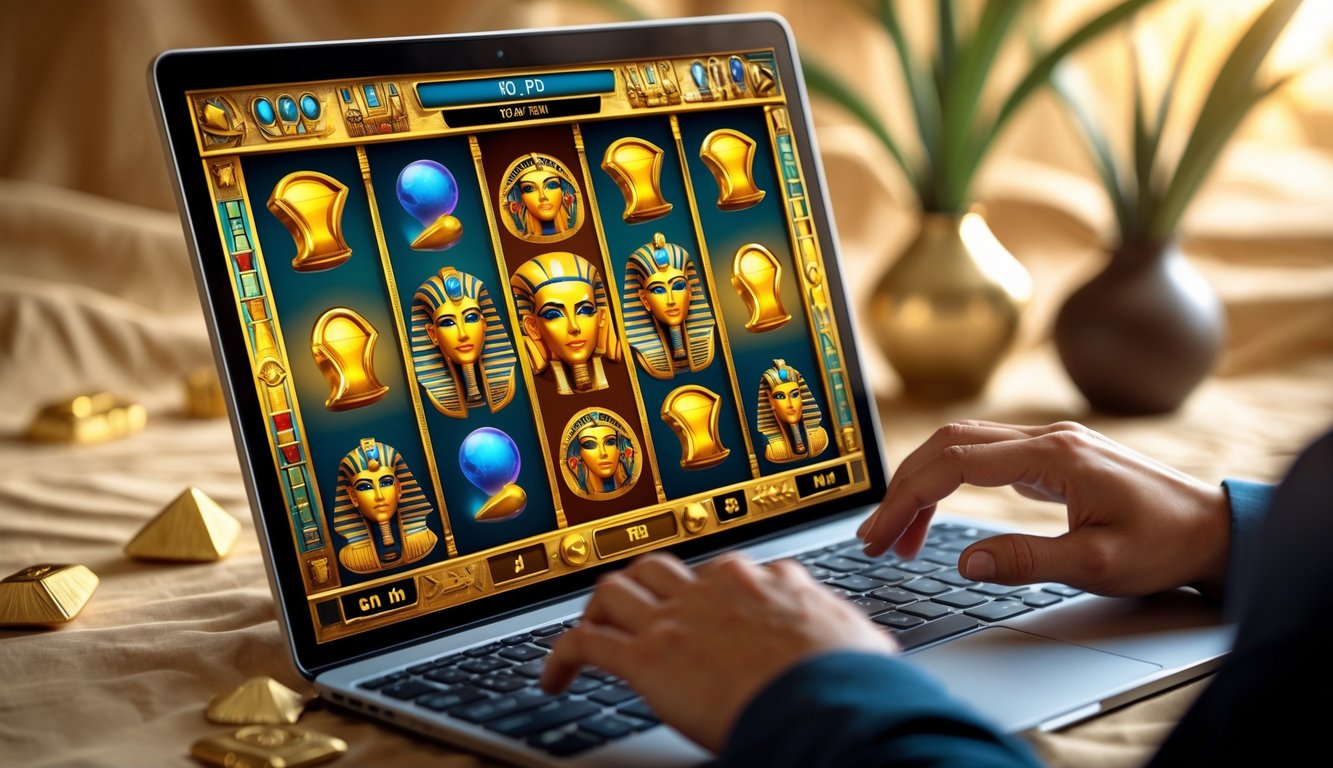 Seseorang menggunakan komputer dengan permainan slot online bertema Mesir kuno di layar.