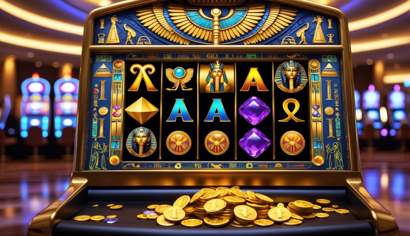 Mesin slot bertema Mesir kuno dengan simbol-simbol seperti scarab emas dan piramida, koin dan token yang keluar dari mesin di dalam kasino.